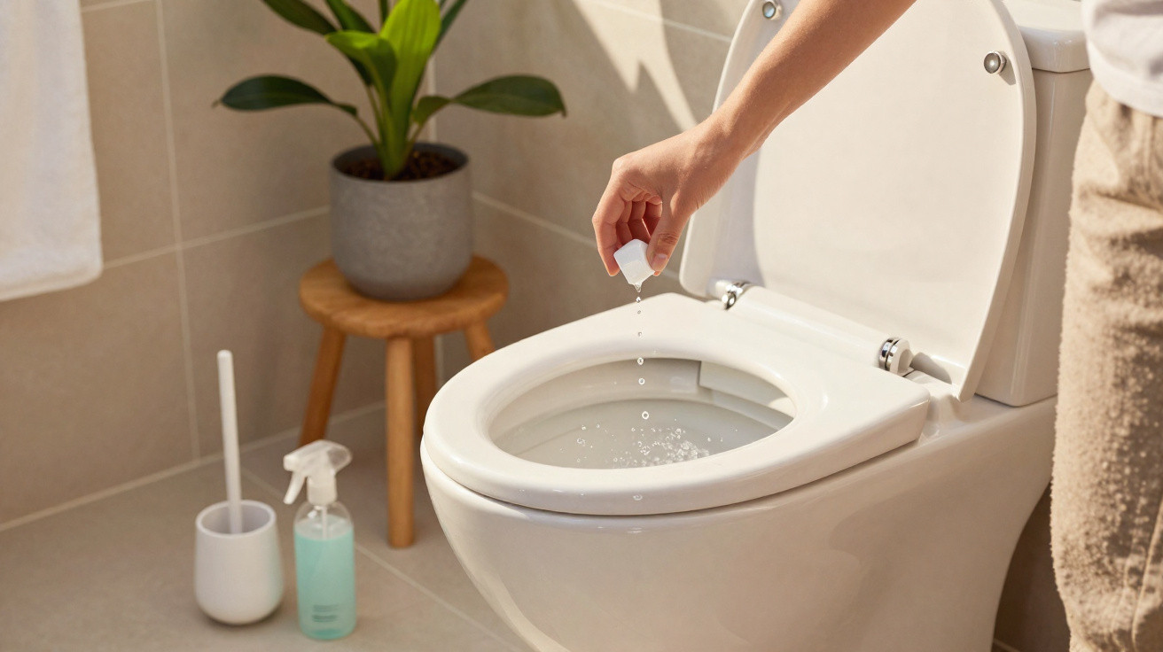 Hand gibt Reinigungsmittel in eine geöffnete weiße Toilette im Badezimmer ab.