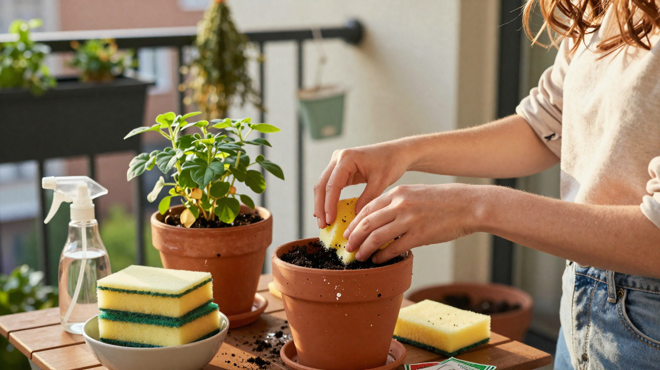 Frau gießt Erde mit Schwamm in Blumentopf auf sonnigem Balkon mit Pflanzen und Pflanzenschale.