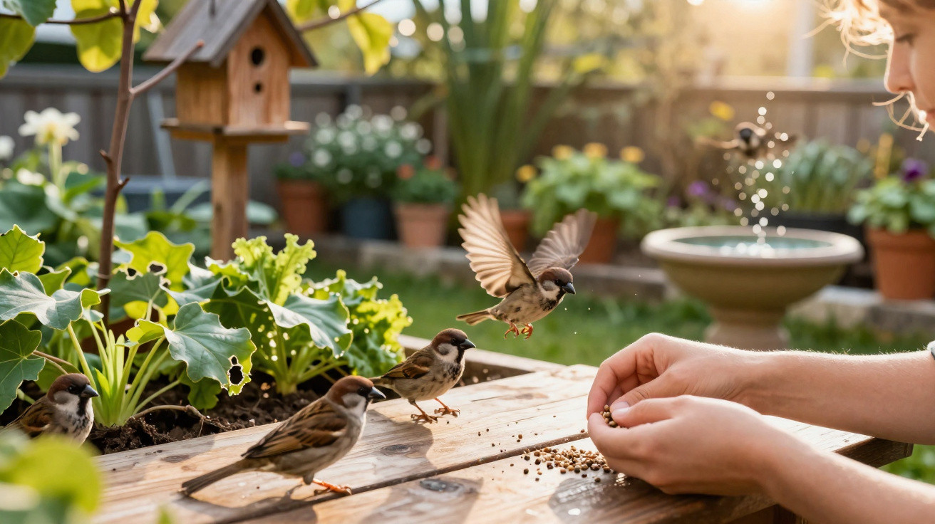 Person füttert Spatzen mit Körnern auf einem Holztisch im sonnigen Garten mit Vogelhaus und Pflanzen.