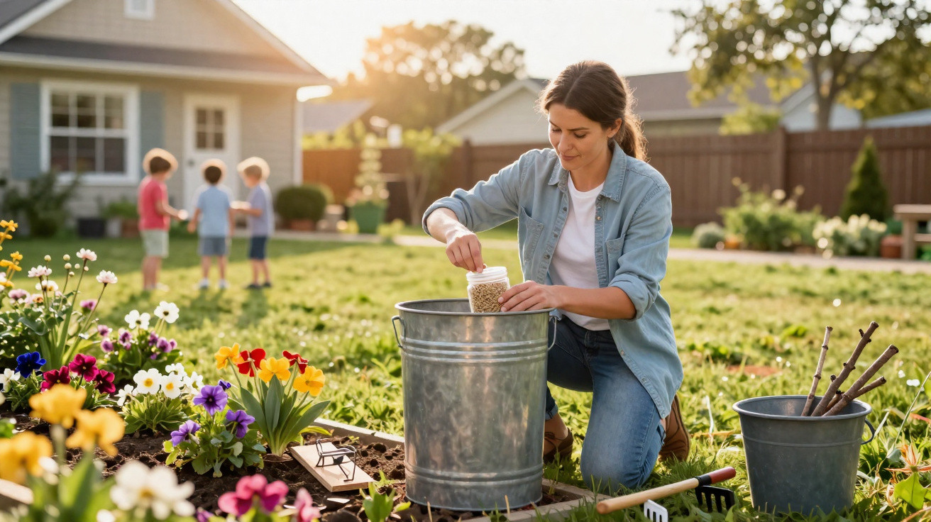 Frau gießt Blumensamen in Metallmülleimer im Garten, im Hintergrund spielen drei Kinder auf dem Rasen.