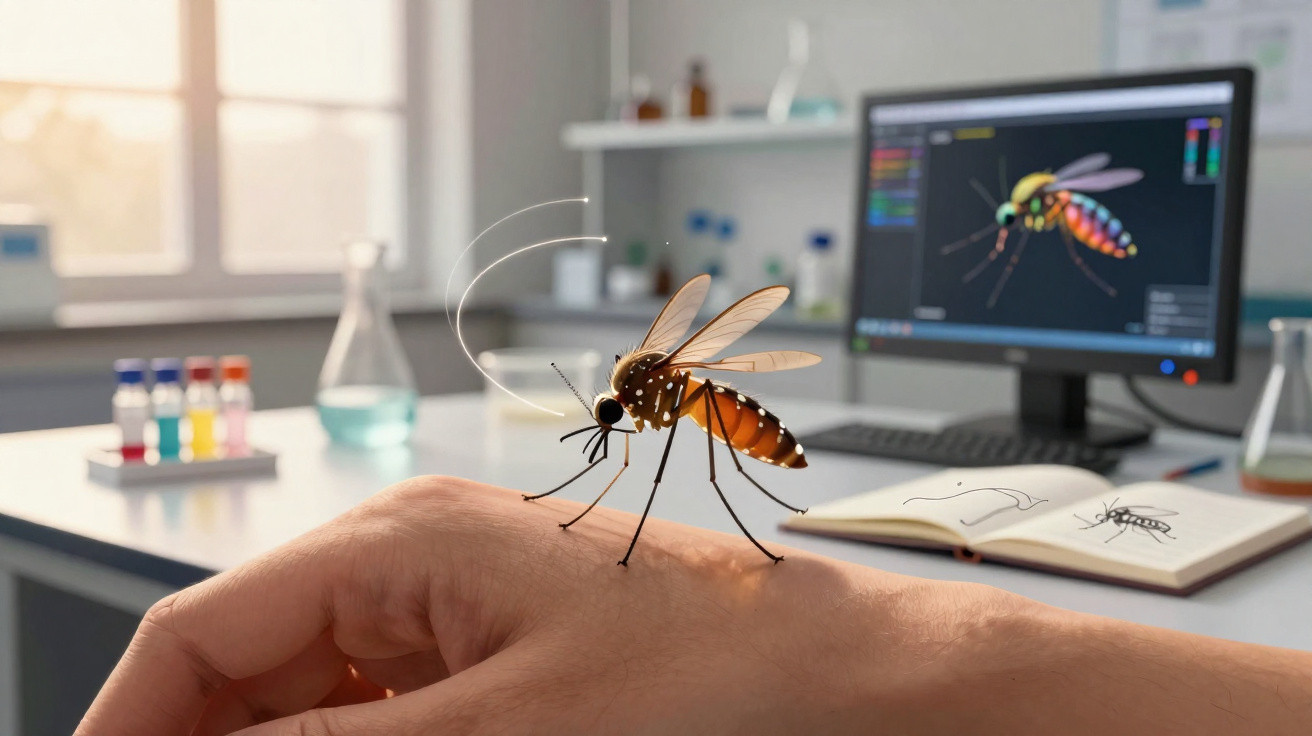 Große Mücke sitzt auf Hand in Labor mit Computerbildschirm und wissenschaftlichen Geräten im Hintergrund.