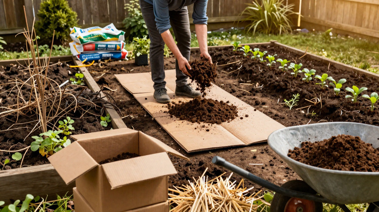 Person bearbeitet Erde in Hochbeeten im Garten mit Gartenwerkzeugen und Pflanzen.