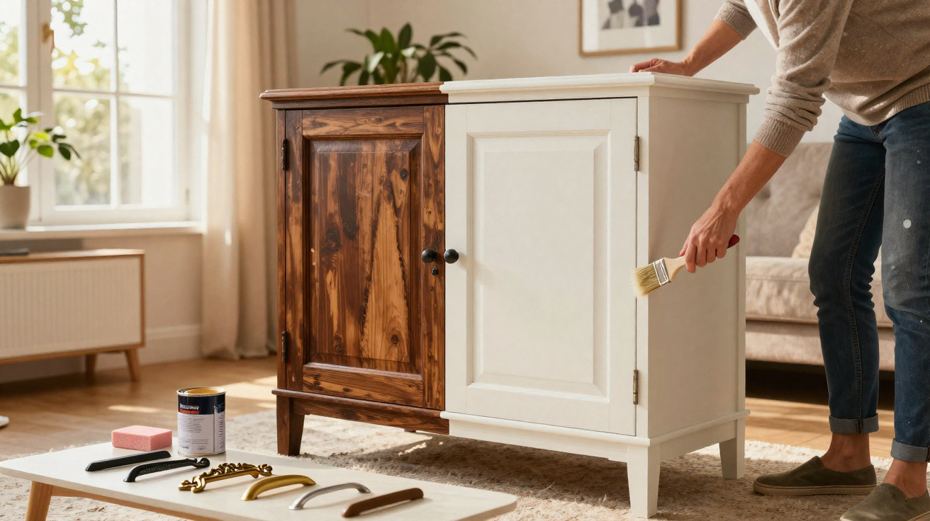 Person streicht ein Holzsideboard von braun zu weiß in einem hellen Wohnzimmer mit Pinsel und Farbeimer.