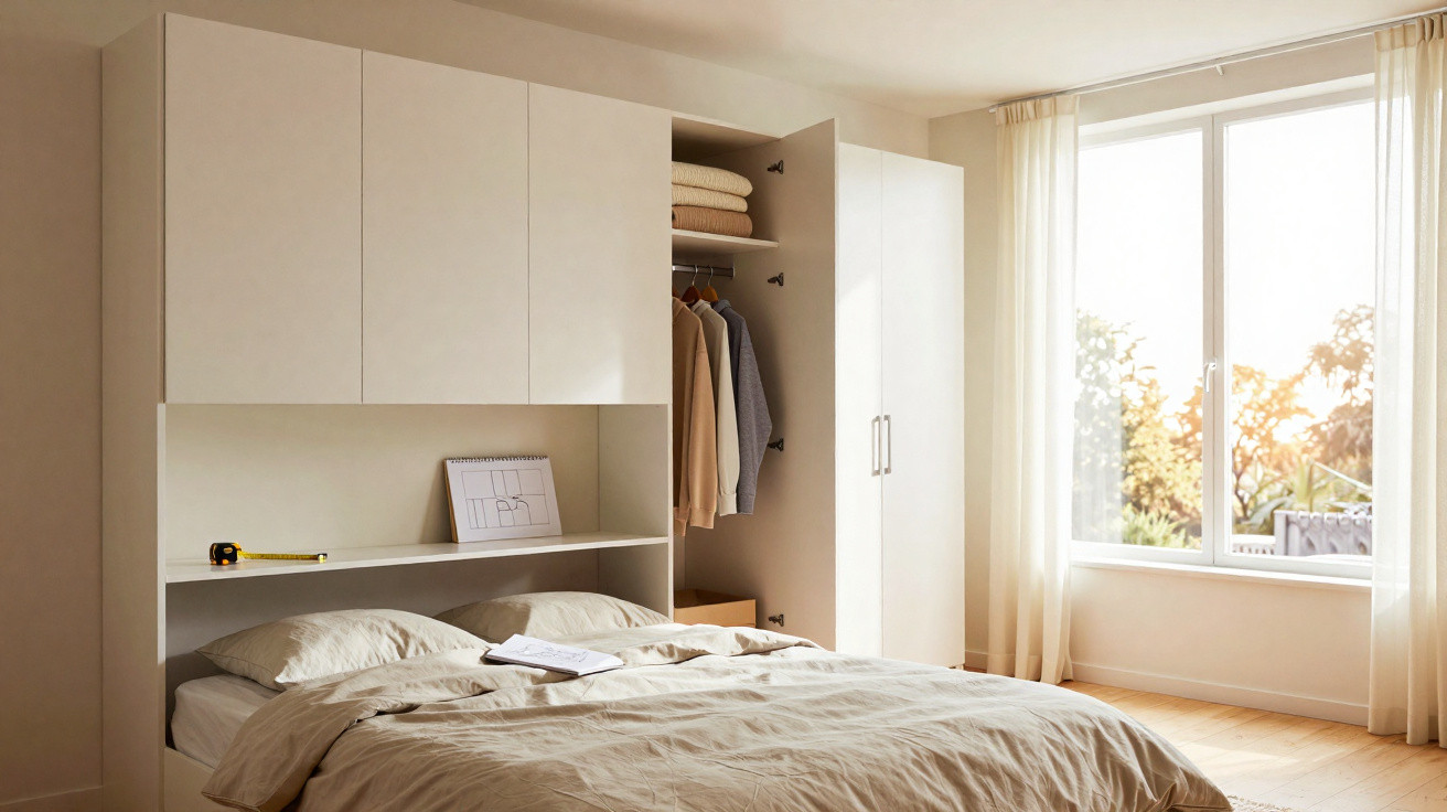 Schlafzimmer mit großem Fenster, offener weißer Kleiderschrank und gemütlichem Bett mit beiger Bettwäsche.