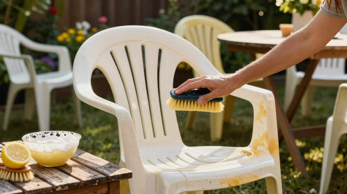 Hand schrubbt einen weiß verschmutzten Plastikstuhl im Garten mit Bürste und Seifenwasser.
