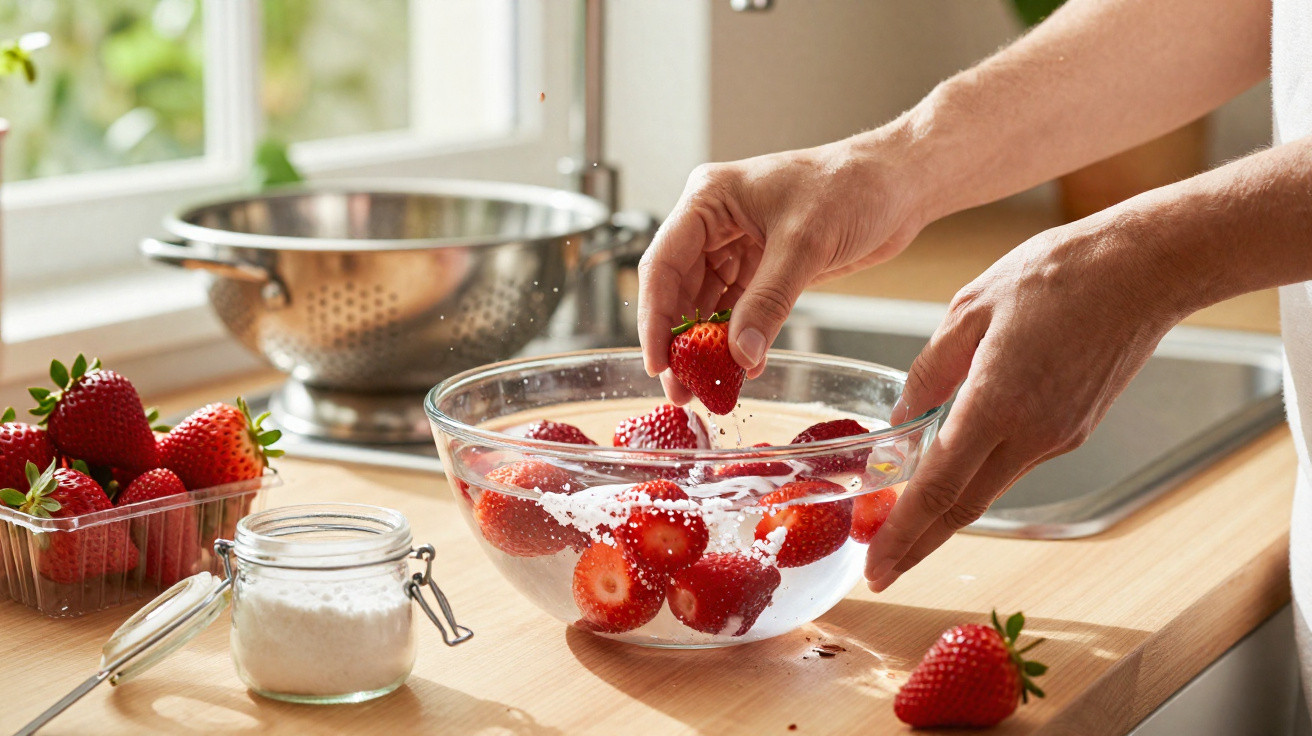 Hände, die Erdbeeren in einer Glasschüssel mit Wasser auf einer Küchentheke waschen.