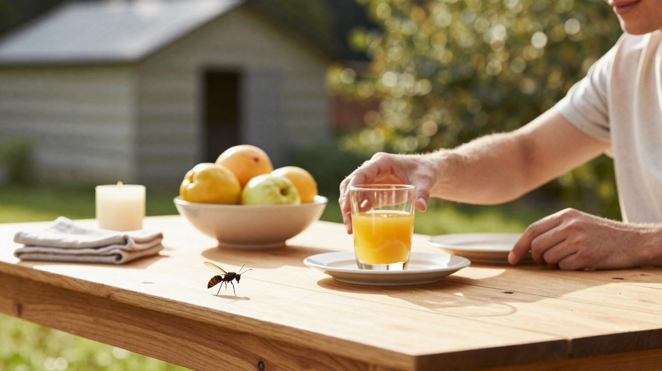 Eine Wespe auf einem Holztisch mit Obstschale, Glas Orangensaft und einer Person im Hintergrund im Garten.