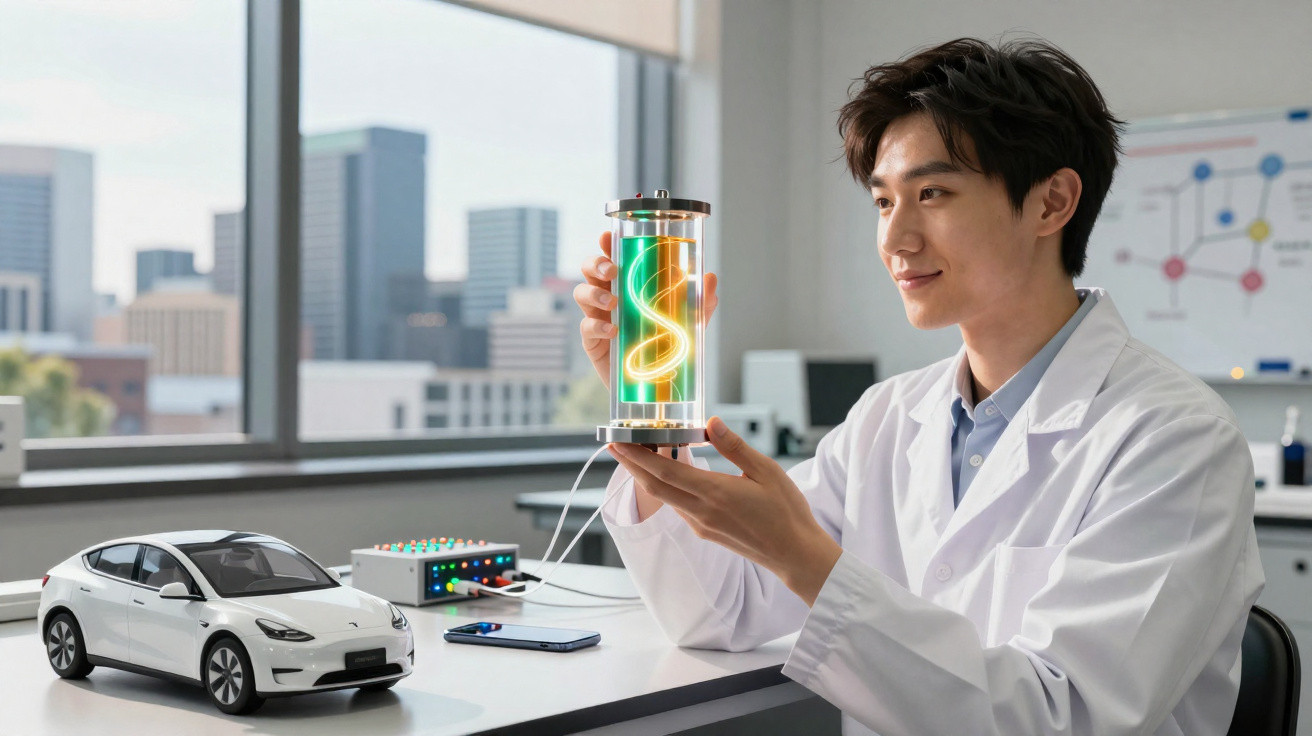 Junger Wissenschaftler im Labor hält leuchtendes Batteriemodell neben Modell eines Elektroautos.