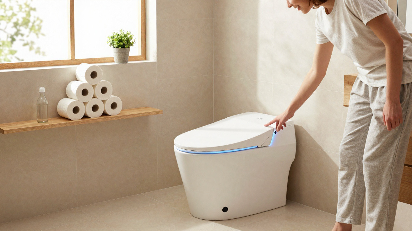 Frau bedient berührungsempfindliche Steuerung an modernem, beleuchtetem Smart-WC in hellem Badezimmer.