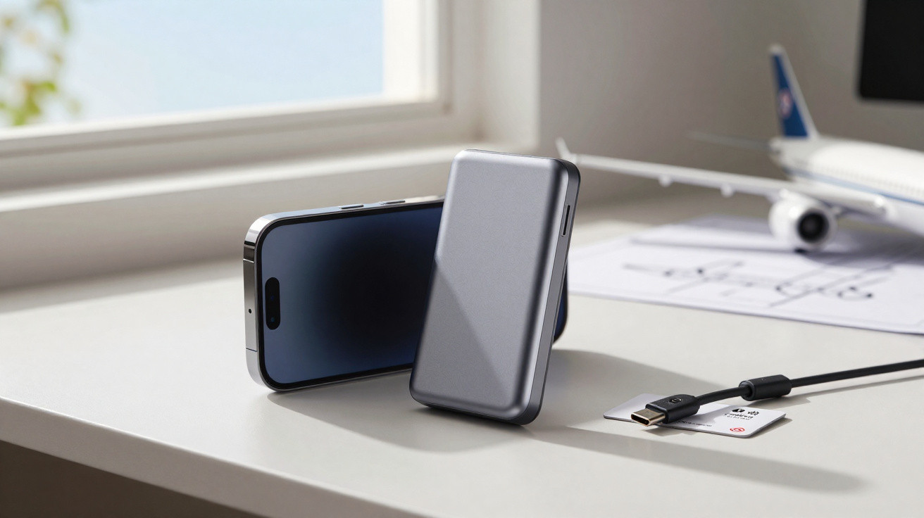 Smartphone, externe Festplatte und USB-C-Kabel liegen auf einem Schreibtisch neben einem Modellflugzeug.