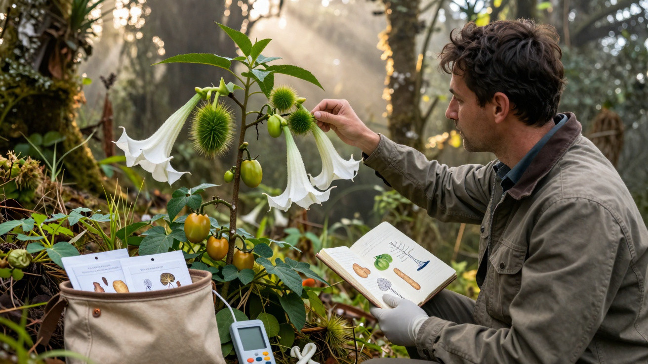 Mann untersucht im Wald eine exotische Pflanze mit weißen Blüten, hält Skizzenbuch mit Pflanzenzeichnungen.
