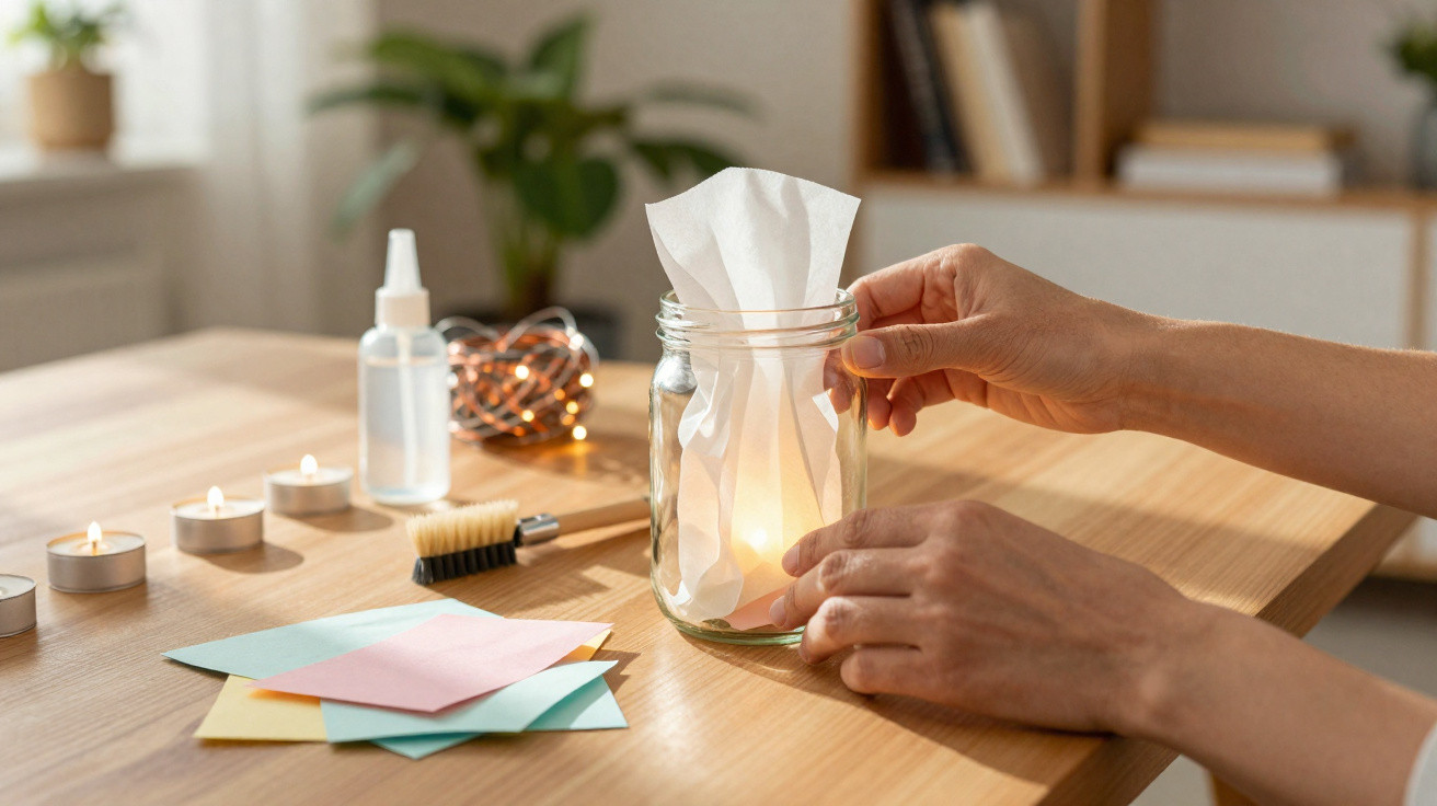Hände gestalten eine Windlicht-Dekoration mit Glas, Teelicht, Papier und Kerzen auf Holztisch.