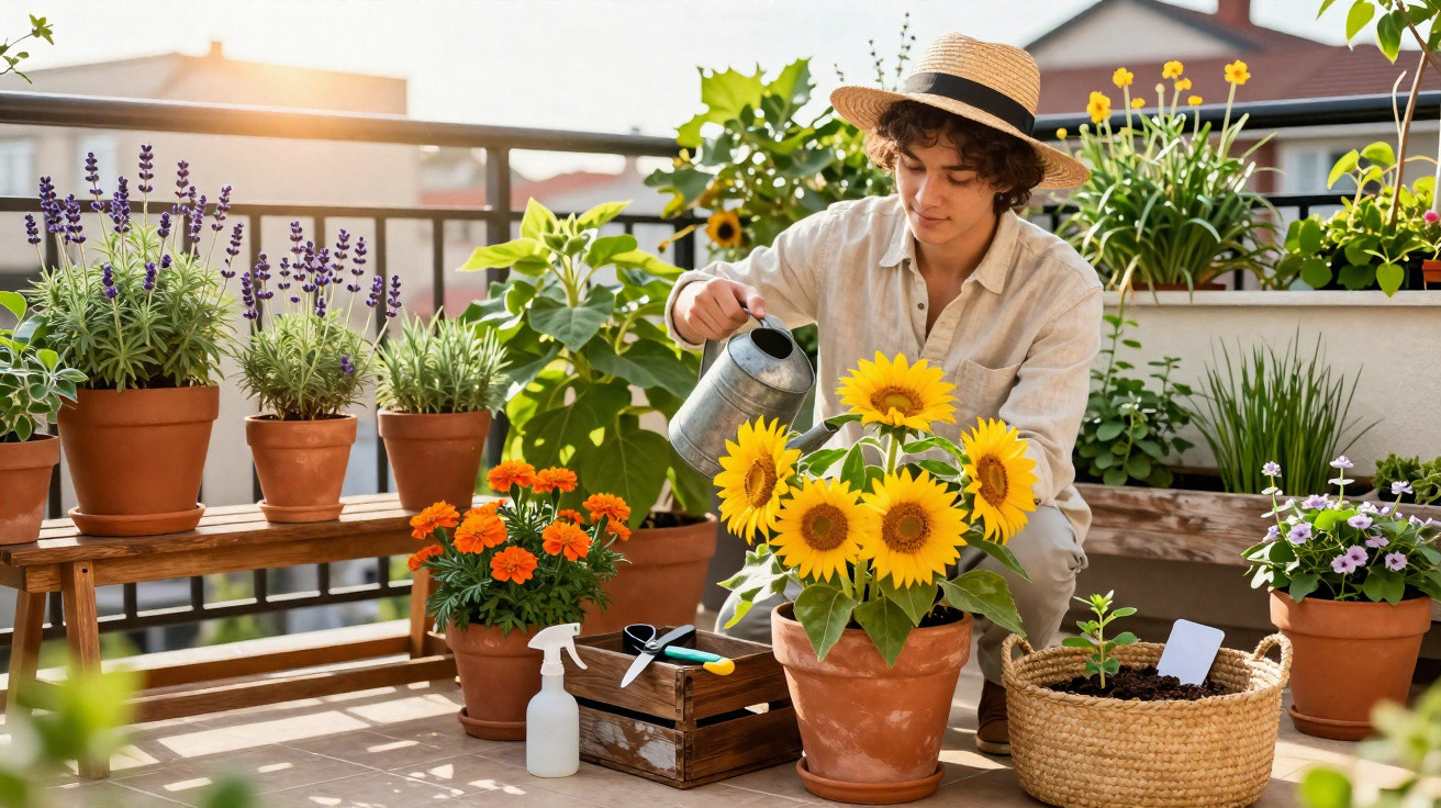 Junge gießt Sonnenblumen auf Balkon mit verschiedenen Blumentöpfen bei Sonnenlicht.
