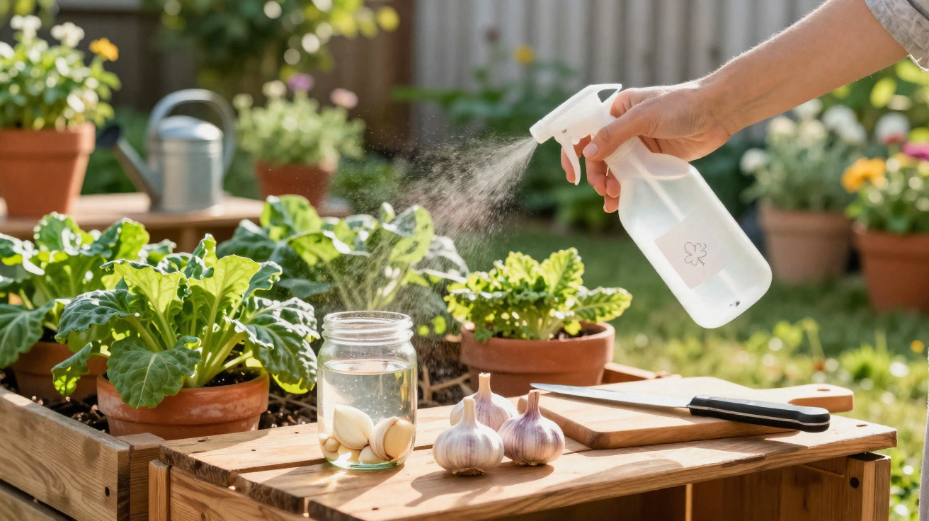 Hand besprüht Gartenpflanzen mit Wasser in einem Garten mit Knoblauchzehen auf Holzbank.