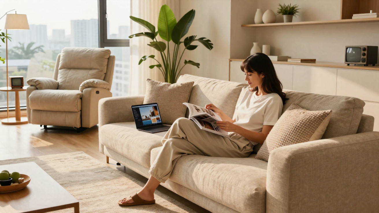 Frau sitzt auf beigem Sofa im Wohnzimmer, liest Magazin, neben ihr Laptop, helle und moderne Einrichtung.