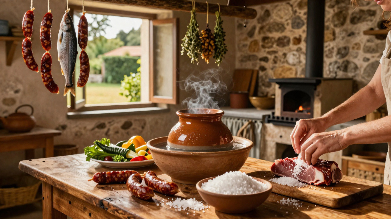 Rustikale Küche mit hängenden Würsten und Fisch, dampfendem Topf, Gemüse und Salz auf Holztisch, Hände salzen Fleisch.