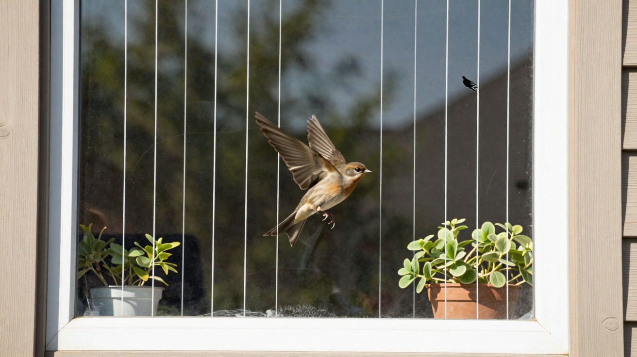 Kleiner Vogel fliegt vor einem Fenster mit vertikalen Lamellen und zwei Blumentöpfen auf der Fensterbank.