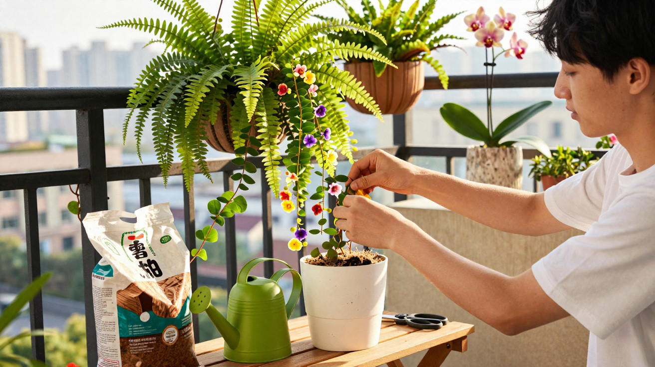 Mann pflegt bunte Blumen auf Balkon mit Pflanzen, Gießkanne und Blumenerde bei Tageslicht.