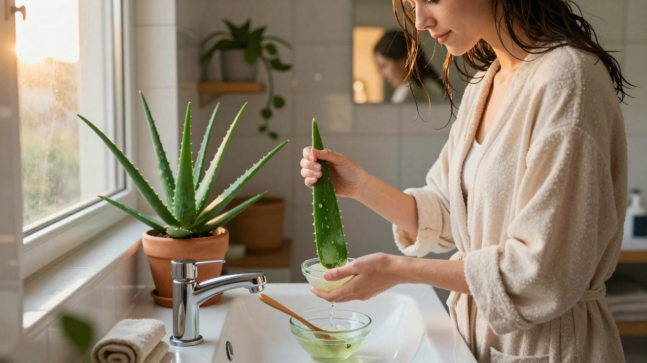 Frau entnimmt Aloe Vera Gel aus Blatt über Waschbecken mit Aloe-Pflanze im Hintergrund bei Tageslicht.