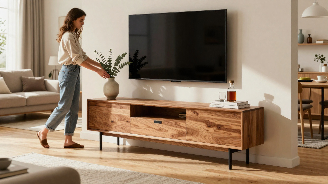 Frau dekoriert modernes Wohnzimmer mit Holzsideboard, Fernseher und Pflanzen in heller, freundlicher Atmosphäre.