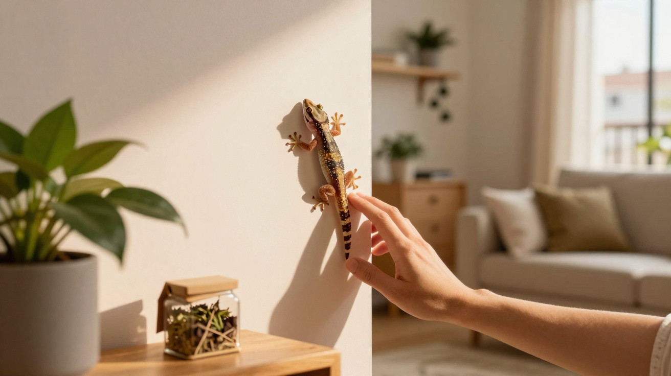 Hand berührt kleinen Gecko an weißer Wand in hellem Wohnzimmer mit Pflanzen und Möbeln.
