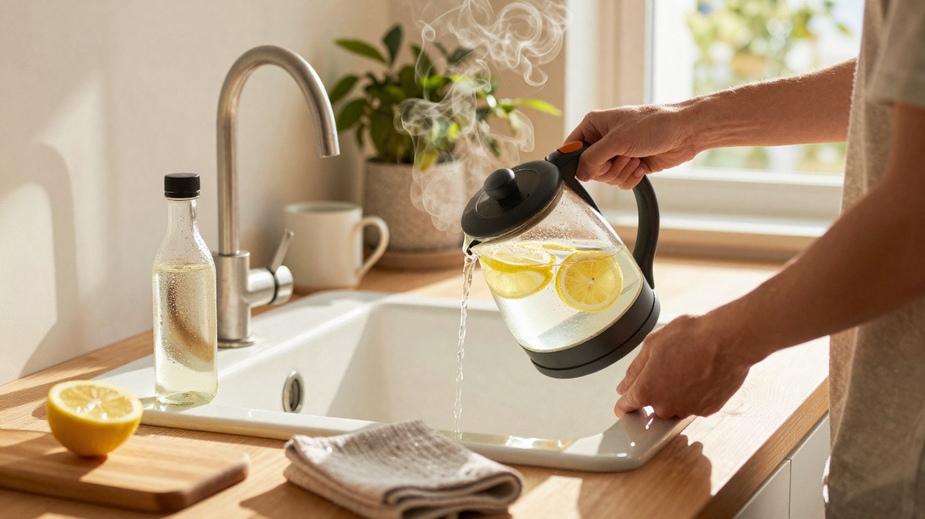 Dampfender Wasserkocher mit Zitronenscheiben wird über einer Küchenspüle entleert.