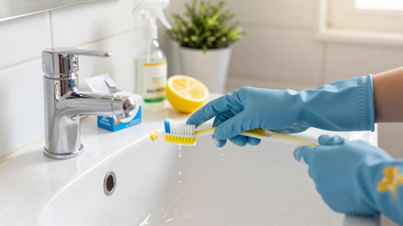 Person mit blauen Gummihandschuhen reinigt Zahnbürste über einem Waschbecken, mit Zitrone und Reinigungsmittel.
