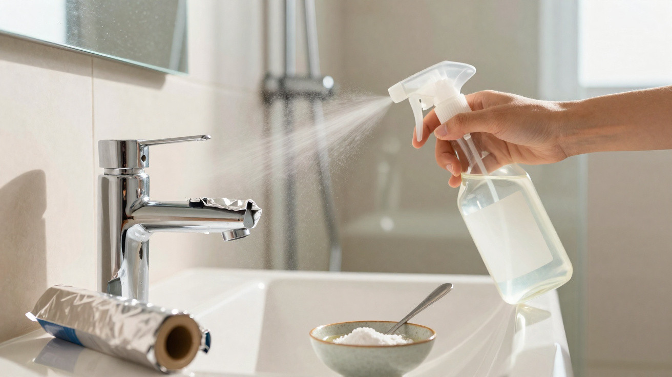 Hand sprüht Reinigungsmittel auf Badezimmerarmatur über Waschbecken mit Natron in Schüssel.