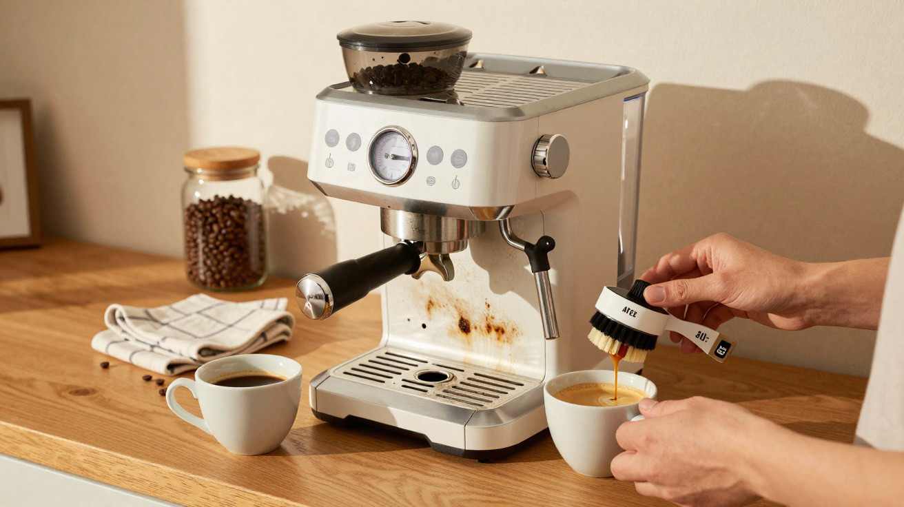 Person reinigt weißen Espressomaschinen-Portafilter mit Reinigungsbürste, Tasse Kaffee steht daneben auf Holzarbeitsplatte.