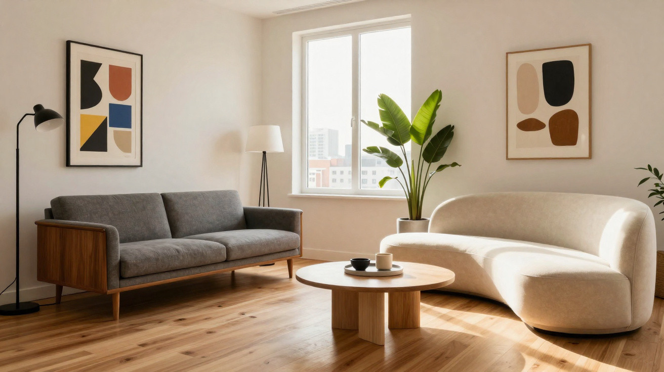 Helles Wohnzimmer mit grauem Sofa, weißem geschwungenem Sofa, runden Holztisch, Pflanzen und abstrakten Wandbildern.