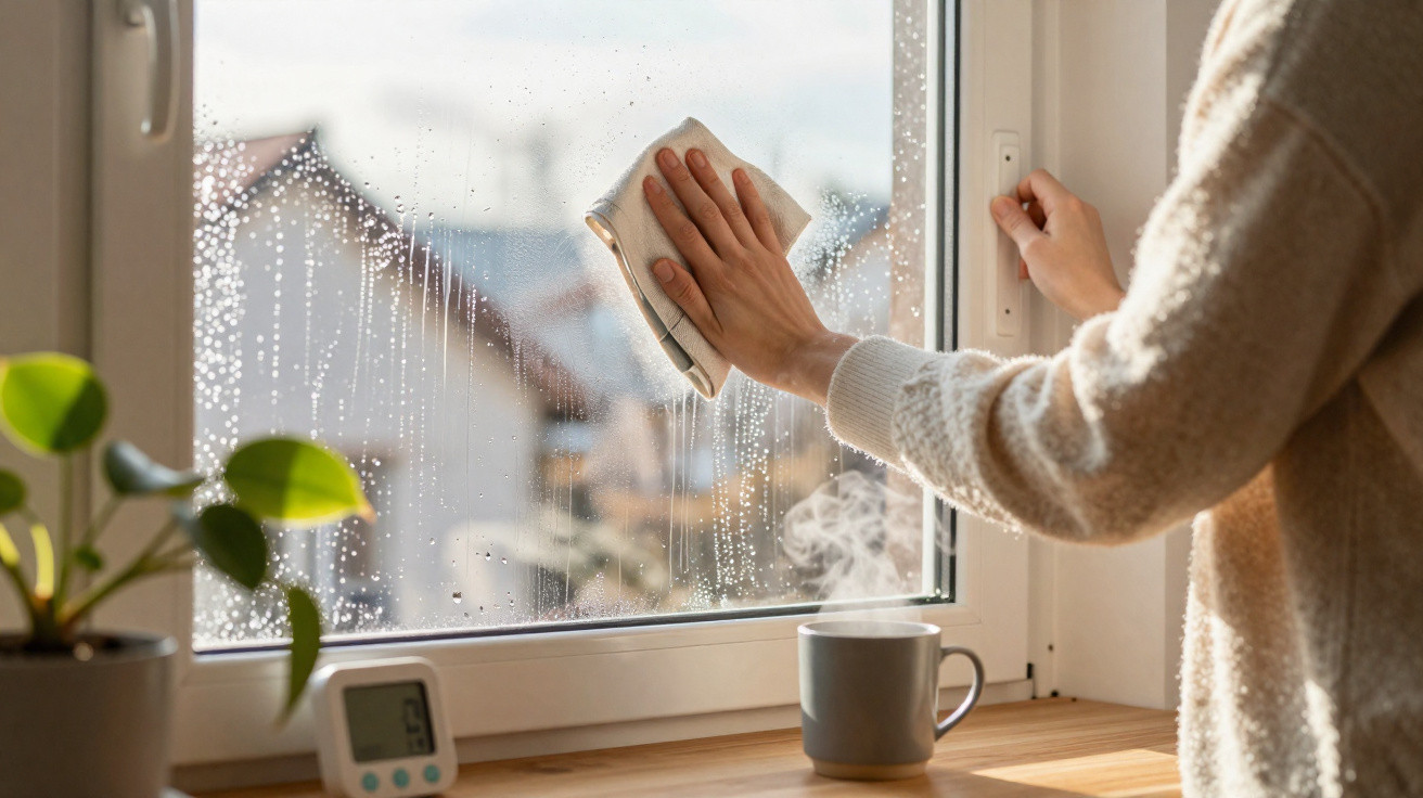 Person wischt beschlagenes Fenster mit Tuch ab, Dampftasse steht auf Fensterbank neben Pflanze und Thermometer.