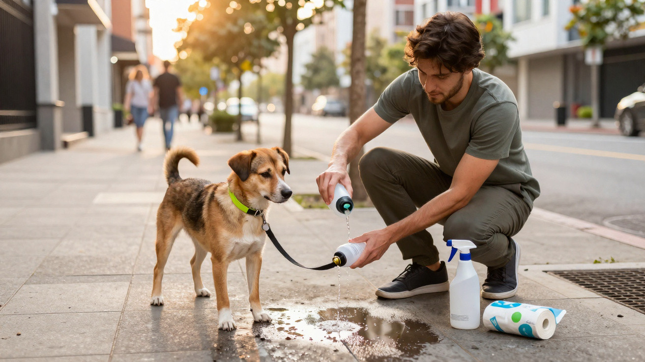 Mann füllt unterwegs für seinen Hund aus Flasche Wasser in Trinkflasche, auf Gehweg bei Sonne.