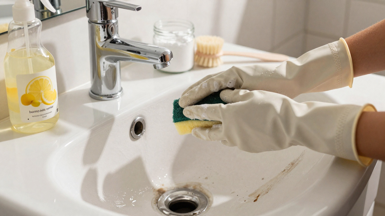 Person mit Gummihandschuhen reinigt verschmutztes Waschbecken mit Schwamm im Badezimmer.