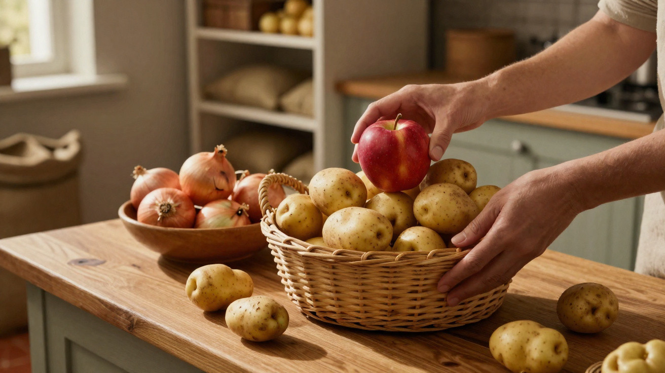 Mann legt einen roten Apfel in einen Korb voller Kartoffeln auf einem Holztisch, Zwiebeln im Hintergrund.
