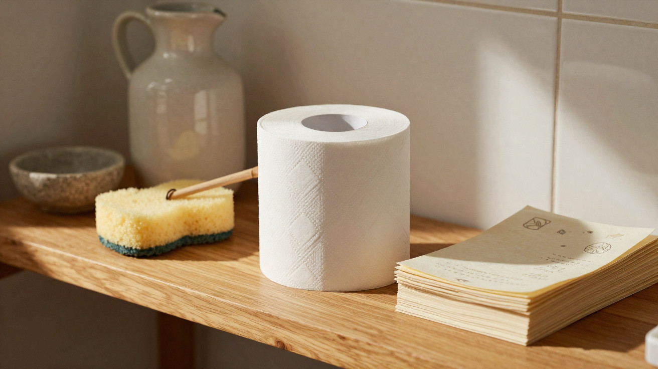 WC-Papierrolle, Schwamm mit Griff, Keramikvase und Stapel Papiere auf Holzboden vor Wandfliesen