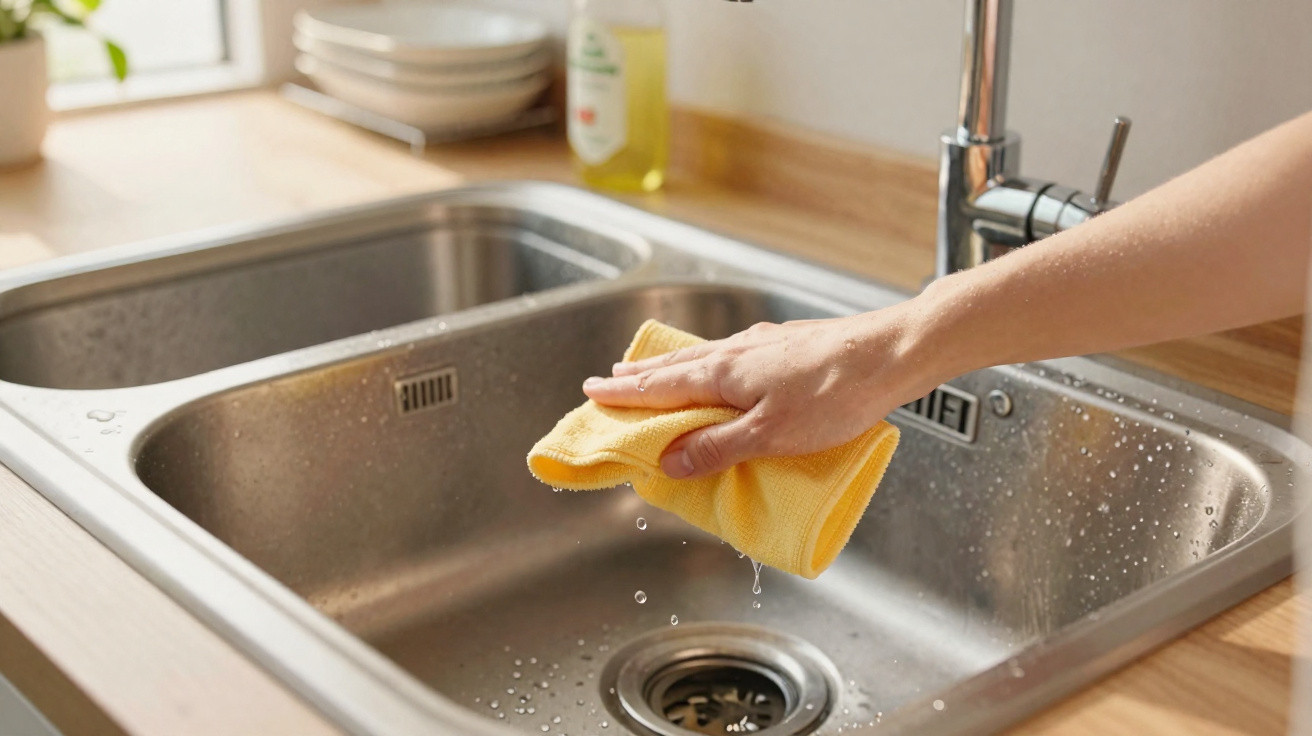 Hand wischt mit gelbem Tuch feuchte Edelstahlküchenspüle aus modernem Holzküchenarbeitsplatz.