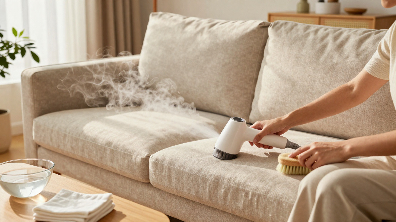 Frau reinigt hellbeiges Sofa mit Dampfreiniger und Bürste in einem hellen Wohnzimmer.