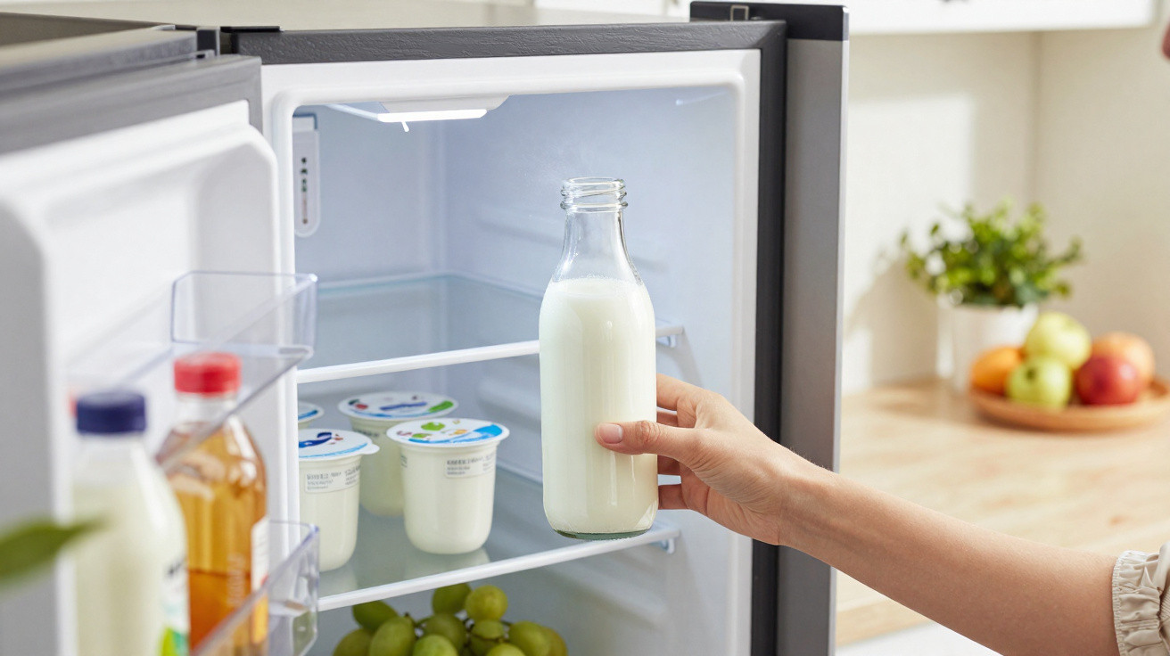 Hand greift volle Glasflasche Milch im geöffneten Kühlschrank mit Joghurt und Obstschale im Hintergrund.
