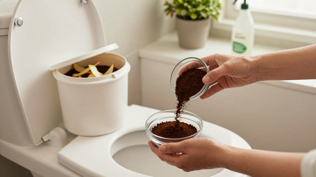 Person schüttet Kaffeesatz in eine kleine Schale über einem geöffneten Toilettensitz mit Bioabfallbehälter.
