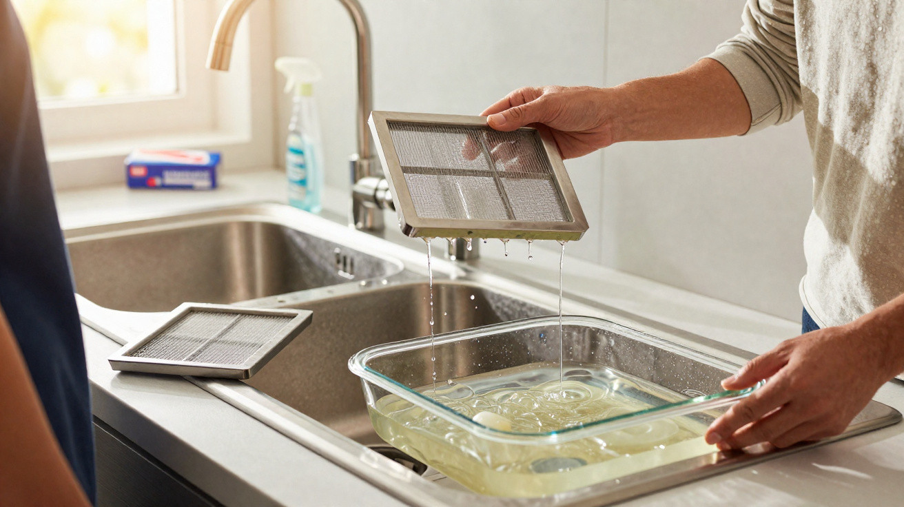 Person spült Luftfilter über Spüle in der Küche, Wasser tropft in eine große Glaswanne.