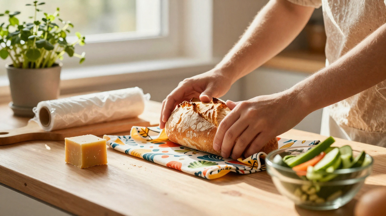 Person legt frisches Brot auf ein buntes Tuch auf einem Holztisch mit Käse und Gemüsesticks.