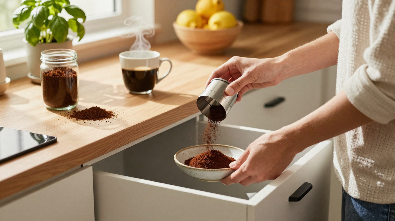 Person füllt Kaffeepulver aus Metallbehälter in eine Schale in einer hellen Küche mit Kaffee und Zitronen im Hintergrund.