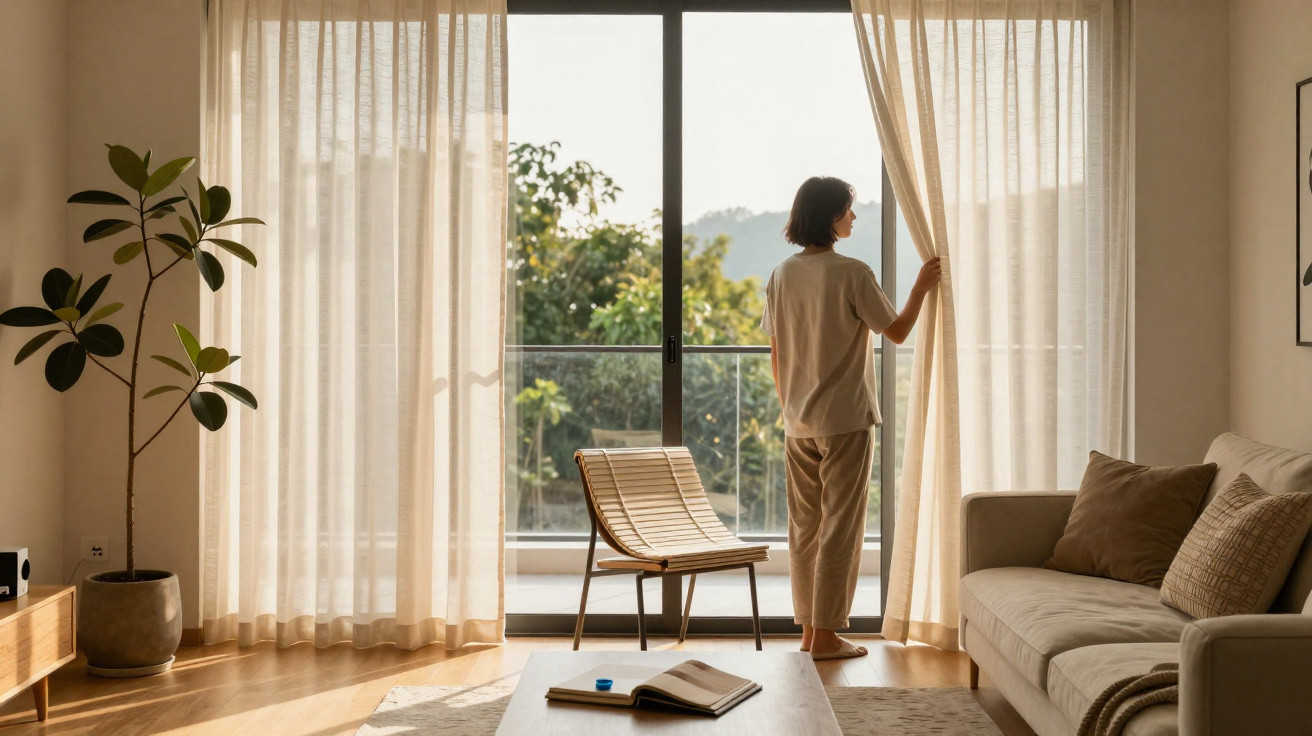 Frau öffnet Gardinen in hellem Wohnzimmer mit Sofa, Stuhl, Pflanze und Blick auf grüne Bäume draußen.