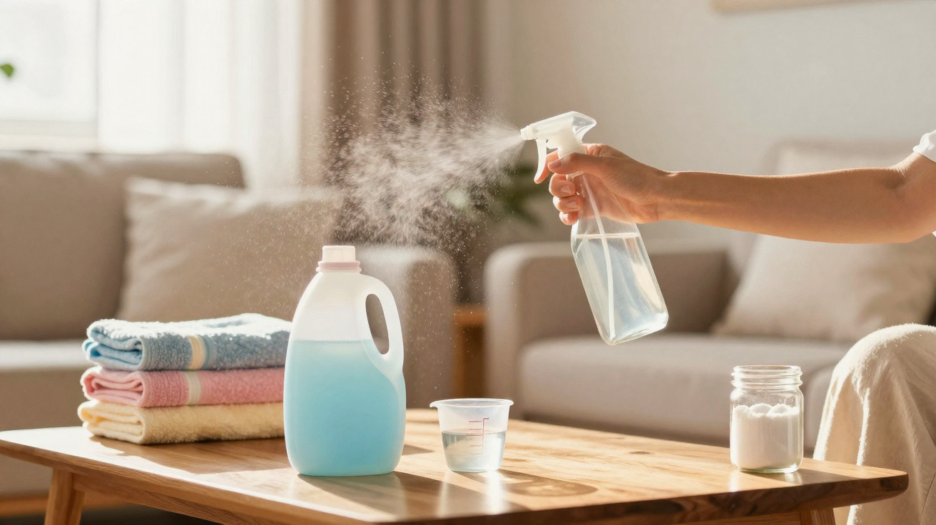 Hand sprüht Reinigungsmittel auf Holztisch mit Faltwäsche, Messbecher und Glas mit Pulver im Wohnzimmer.