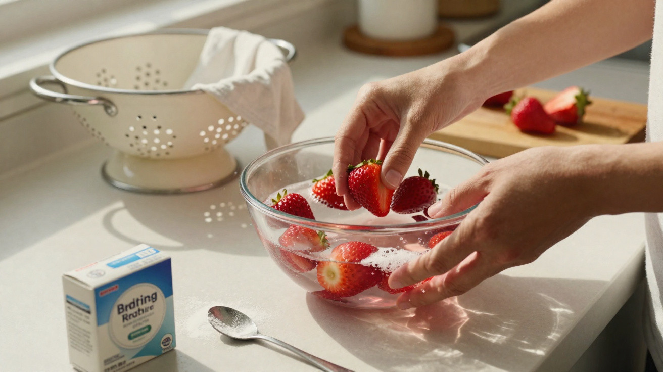 Hände waschen frische Erdbeeren in einer Glasschüssel mit Wasser auf der Küchenarbeitsplatte.