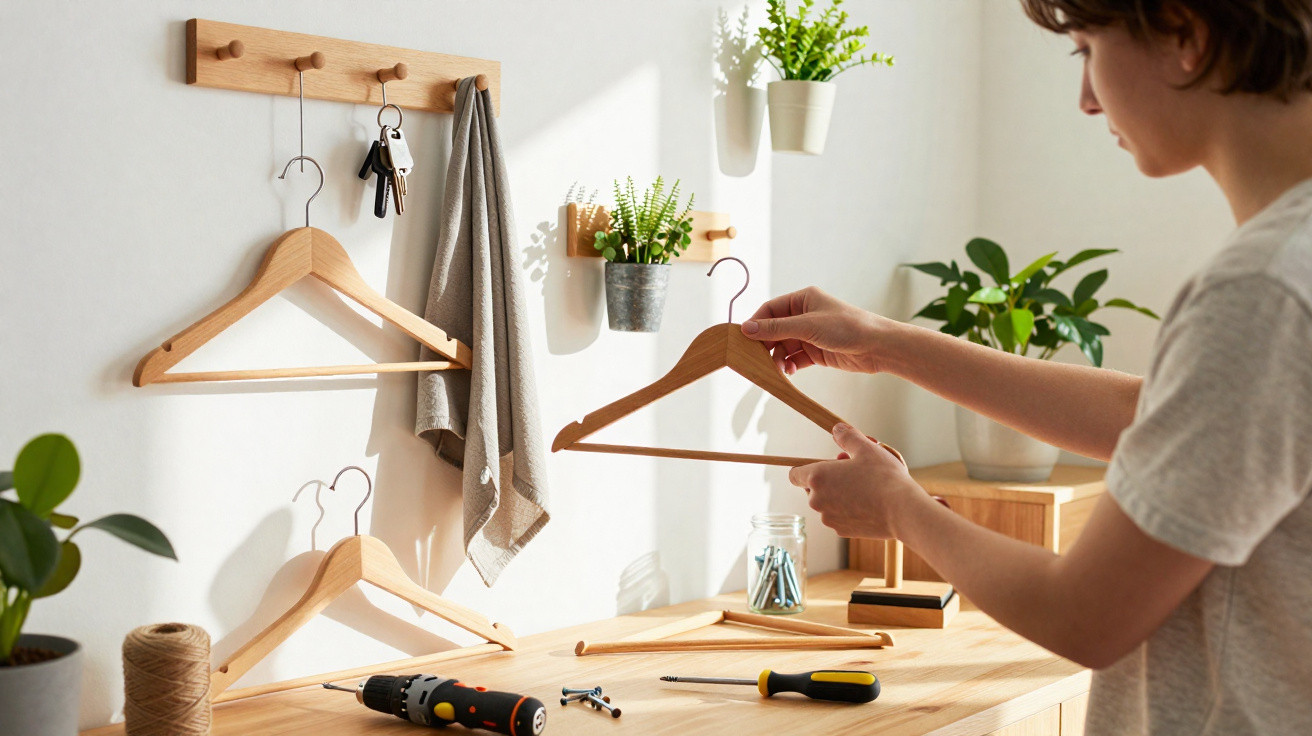 Person hält einen Holzkleiderbügel in einem hellen Zimmer mit Werkzeug und Pflanzen auf einem Holztisch.