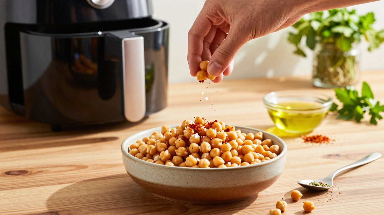 Hand würzt geröstete Kichererbsen in Schüssel vor Heißluftfritteuse auf Holztisch mit Öl und Kräutern.