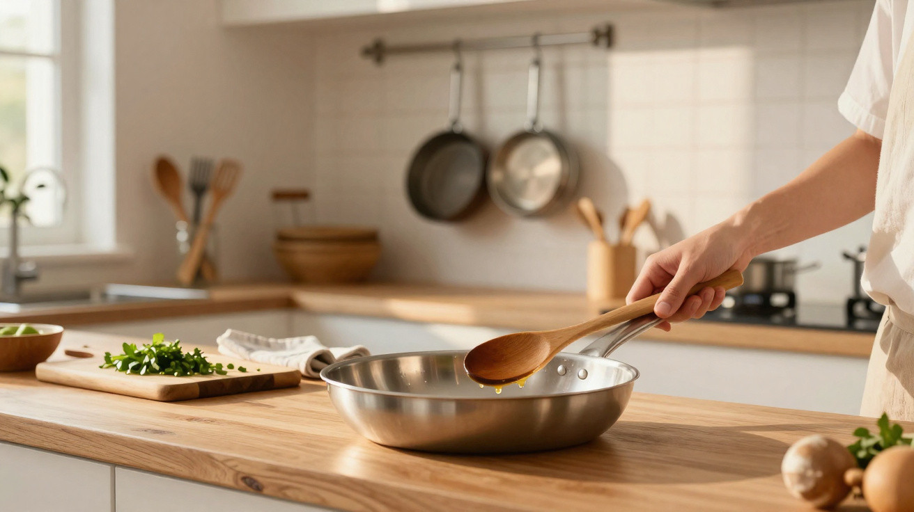 Hand rührt mit Holzlöffel in Pfanne in heller Küche mit Schneidebrett und frischen Kräutern.