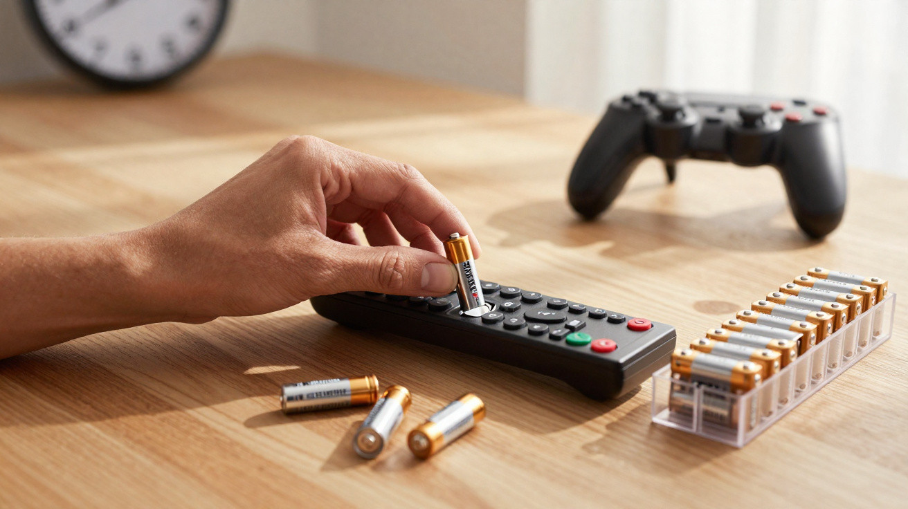 Hand legt Batterie in Fernbedienung, daneben liegen weitere Batterien und ein Gamecontroller auf Holztisch.