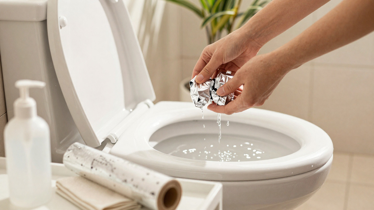 Person drückt Wasser aus Aluminiumfolie über einer geöffneten Toilette in einem modernen Badezimmer aus.